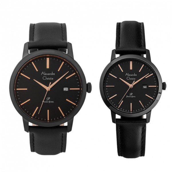 Alexandre Christie AC 1007 Full Black Rosegold Tick Leather Couple